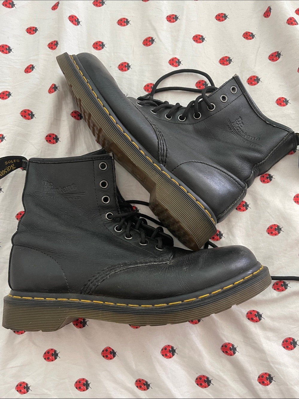 Dr. Martens Black Leather 8-Eye Lace-Up Boots with Yellow Stitching.Size 9